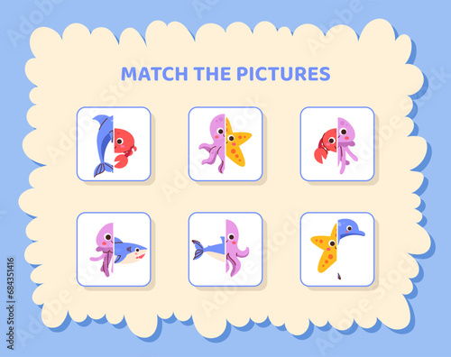 Match game for kids template. Nautical dwellers. Octopus, fish and shark. Educational materials for children. Counting skills development. Poster or banner. Cartoon flat vector illustration