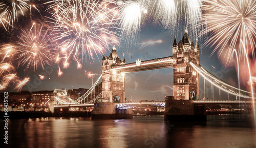 fireworks over Tower bridge New Year in London photo