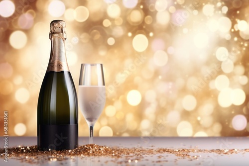 Bottle of champagne and two glasses on golden bokeh background