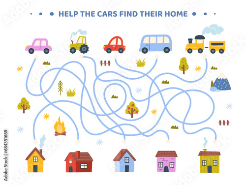Match game for kids template. Lines from house to cars. Bus, tractor and train. Educational materials for children. Counting skills development. Poster or banner. Cartoon flat vector illustration