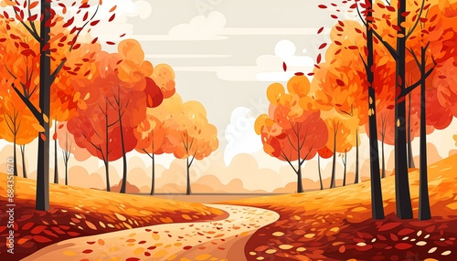 cartoon illustration road forest trees autumn leaves background header loosely cropped fall summer flat design parable orange white tavern