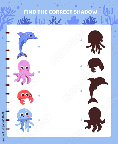 Match game for kids template. Nautical dwellers with lines. Crab and octopus. Educational materials for children. Counting skills development. Poster or banner. Cartoon flat vector illustration