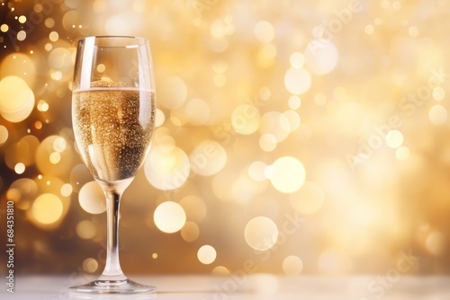 Champagne glass on golden bokeh background. New Year celebration