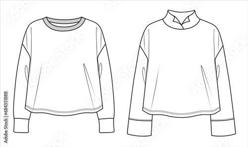 Vector woman sweatshirt fashion CAD, relax fit sweatshirt with rib details technical drawing, template, flat, sketch. Jersey or fleece fabric 2 pieces sweatshirt with front, back view, white color
