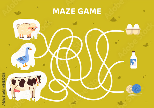 Maze game template. Goose, sheep and cow line path. Farm and cattle. Educational materials for children. Logical skills development for kids. Poster or banner. Cartoon flat vector illustration