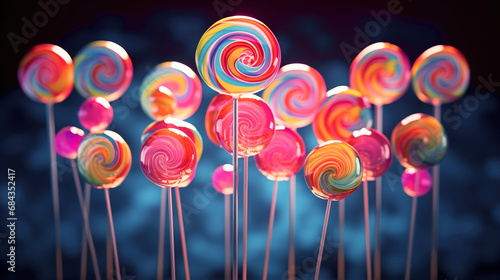 Bright colorful advertising background with beautiful New Year's candies and chupachups. photo