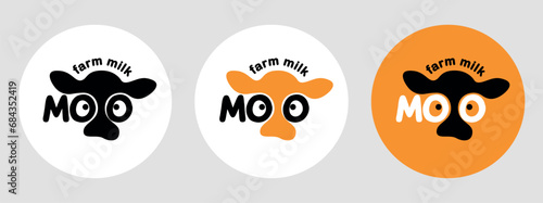 Minimalistic cow's milk logo with funny silhouette of calf's head, cow. Moo fresh farm milk. Vector illustration EPS10