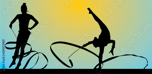 silueta, deporte, ilustración, vector, baile, mujer, acrobacia, liston