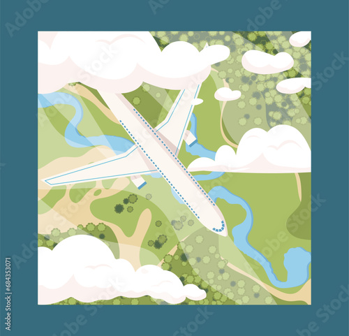 Plane aerial view poster. Airplane near river and land. Flights and international travels, tourism. Holiday and vacation. Cover or banner. Cartoon flat vector collection isolated on blue background