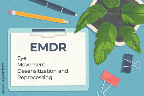 EMDR (Eye Movement Desensitization and Reprocessing) therapy written on clipboard, flat lay composition- vector illustration