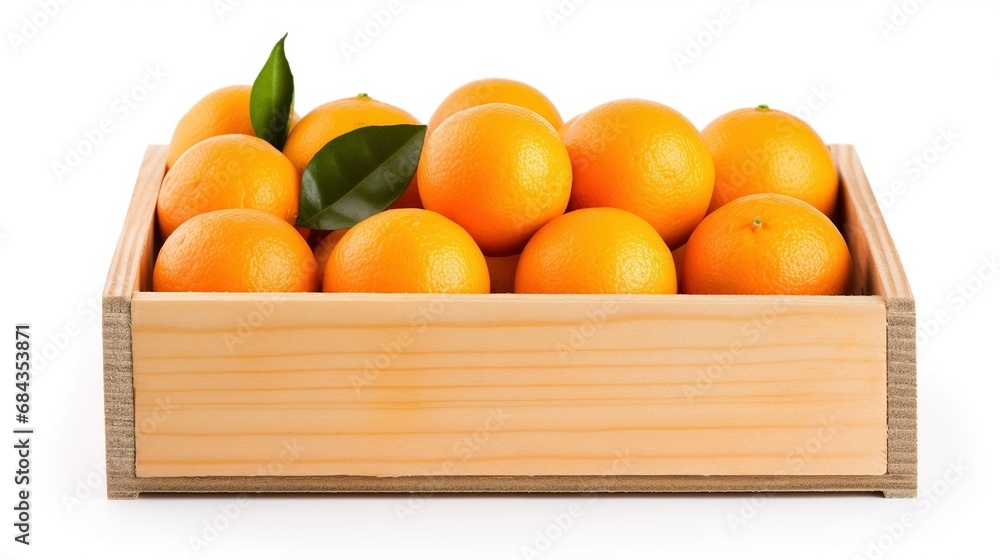 Tangerines in a wooden box isolated on white background, generated by Generative Ai technology. Tangerines in a wooden box isolated on white background, generated by Generative Ai technology.