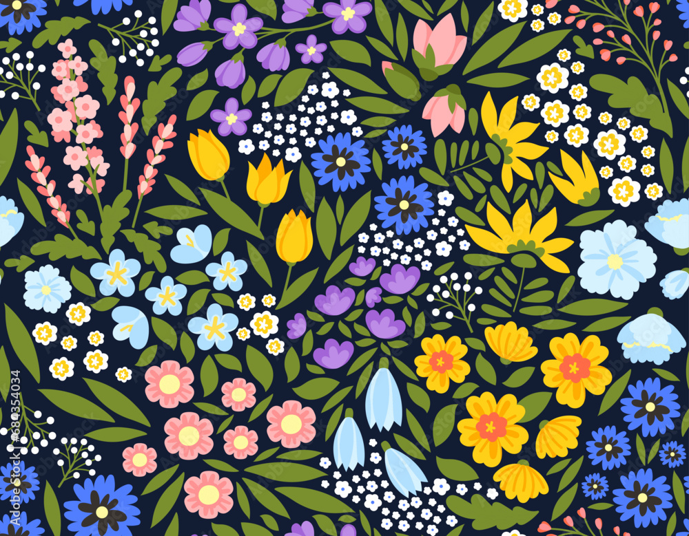 Small flowers seamless pattern. Repeating design element for printing on fabric. Yellow, blue and violet plants. Spring season, bloom and blossom bouquets. Cartoon flat vector illustration Small flowers seamless pattern. Repeating design element for printing on fabric. Yellow, blue and violet plants. Spring season, bloom and blossom bouquets. Cartoon flat vector illustration