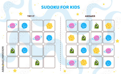 Sudoku for kids template. Alien, violet and blue planet, yellow comet. Development of logical skills for children. Education and training for preschoolers. Cartoon flat vector illustration