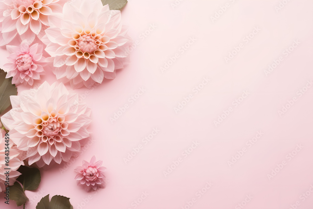 Beautiful Dahlia flowers on side of pastel pink background