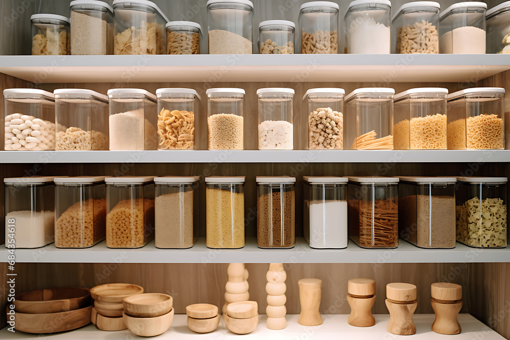 Organizing zero waste storage in the kitchen. Pasta and cereals in reusable glass containers in kitchen shelf. Sustainable lifestyle idea