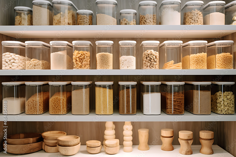 Organizing zero waste storage in the kitchen. Pasta and cereals in reusable glass containers in kitchen shelf. Sustainable lifestyle idea Organizing zero waste storage in the kitchen. Pasta and cereals in reusable glass containers in kitchen shelf. Sustainable lifestyle idea
