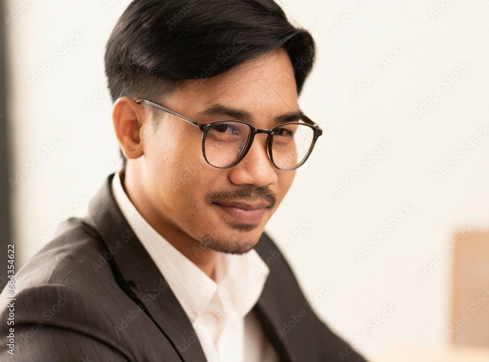 Asian elegant businessman work at the office, face closeup, confident smile expression