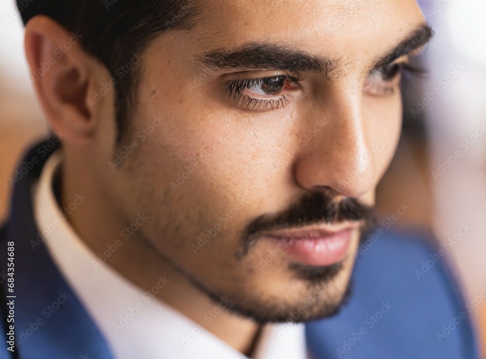 Obraz premium Brunette elegant professional businessman, work at office, face closeup, success concept.