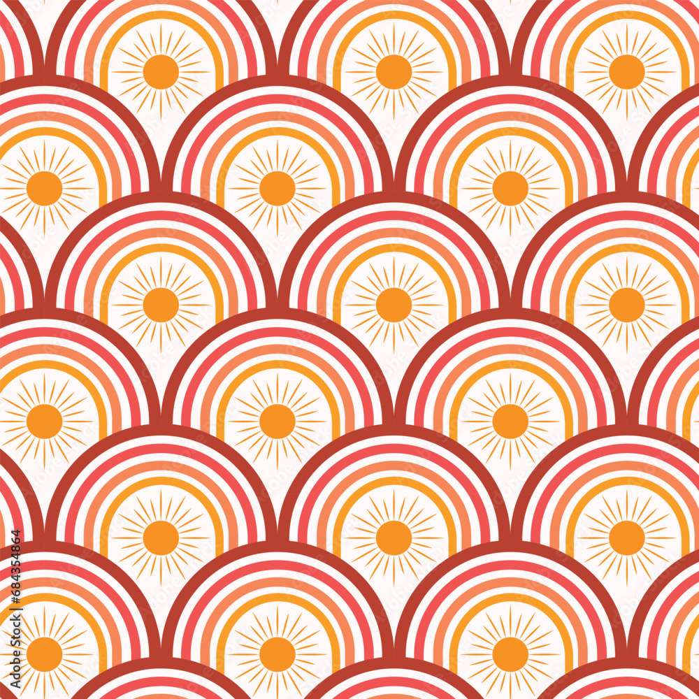 Fototapeta premium Abstract art deco rainbows in red, orange and yellow seamless pattern with abstract yellow sun. For home decor, wallpaper and textile