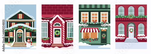 Christmas decoration of houses. Set of vector cartoon templates for banners, flyers, cards, posters, brochures. Happy New Year and Merry Christmas. Vector holiday illustration