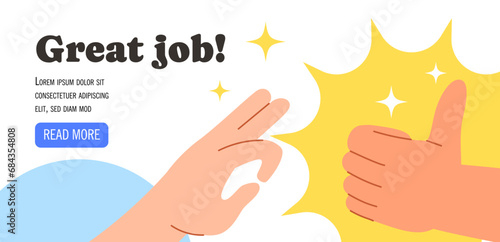 Well done concept banner. Good job well done. Positive f feelings and emotions. Successful team. Hands gestures show okay and thumb. Landing page design. Cartoon flat vector illustration photo