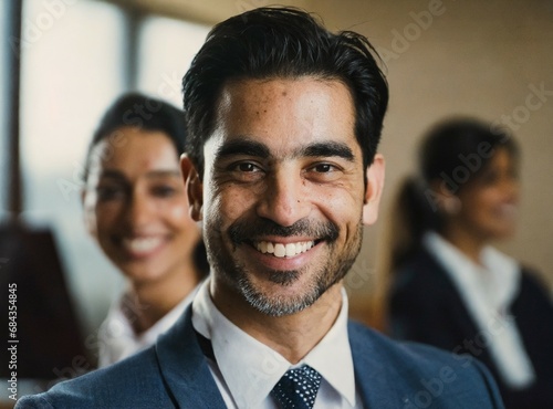 Confident brunette, elegant professional businessman work at office, wearing suit, face closeup, success executive working