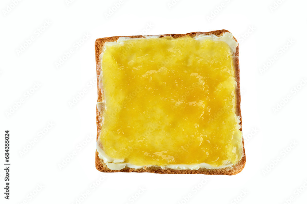 Toast with lemon jam and butter isolated on white background, top view. Toast with lemon jam and butter isolated on white background, top view.