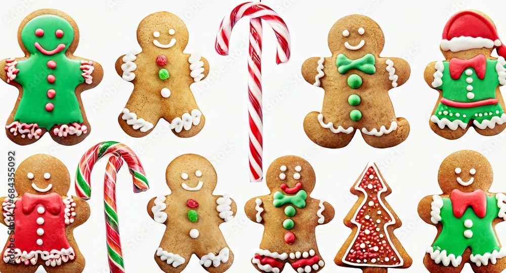 Ginger cookies, candy canes, and Christmas cookies isolated on white background. Xmas Holiday Elements for Graphic Design Ginger cookies, candy canes, and Christmas cookies isolated on white background. Xmas Holiday Elements for Graphic Design