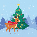 Christmas vector illustration. Christmas deer with christmas tree at night. Deer flat cartoon character. Vector illustration.  Forest with a beautiful deer in a birch forest. Christmas design.