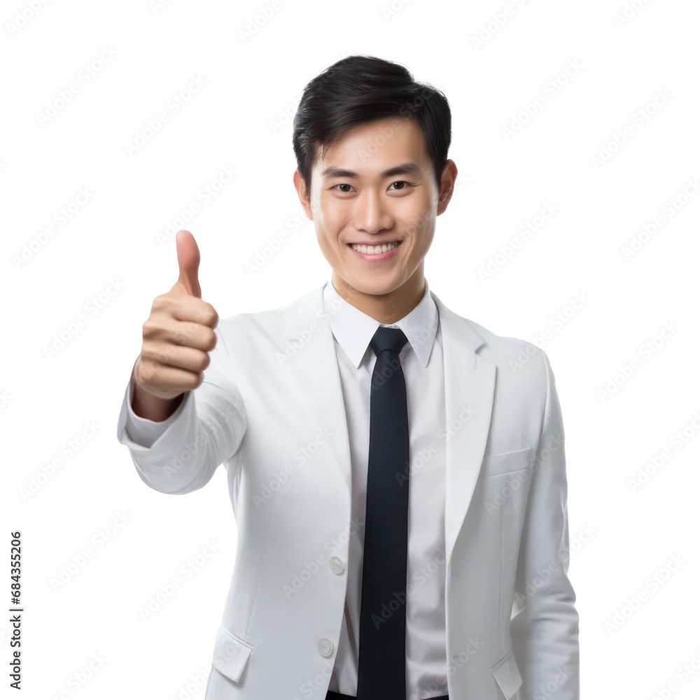 an Asian businessman giving a thumbs up, isolated on a transparent background, PNG banner , Post-processed generative AI an Asian businessman giving a thumbs up, isolated on a transparent background, PNG banner , Post-processed generative AI