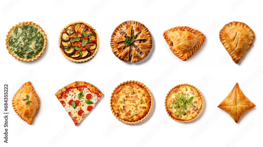 Set of pies isolated, top view cornish pasty, succulent quiche lorraine, spinach ricotta pie, ratatouille tartlet, samosa pastry, tourtière section Set of pies isolated, top view cornish pasty, succulent quiche lorraine, spinach ricotta pie, ratatouille tartlet, samosa pastry, tourtière section