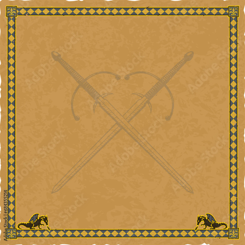 Square Parchment with Ornate Frame, Dragons and Crossed Longswords