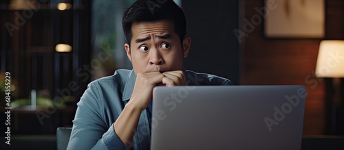 Asian woman using laptop at home or office with serious, confused, or frustrated face expression. Copy space available.