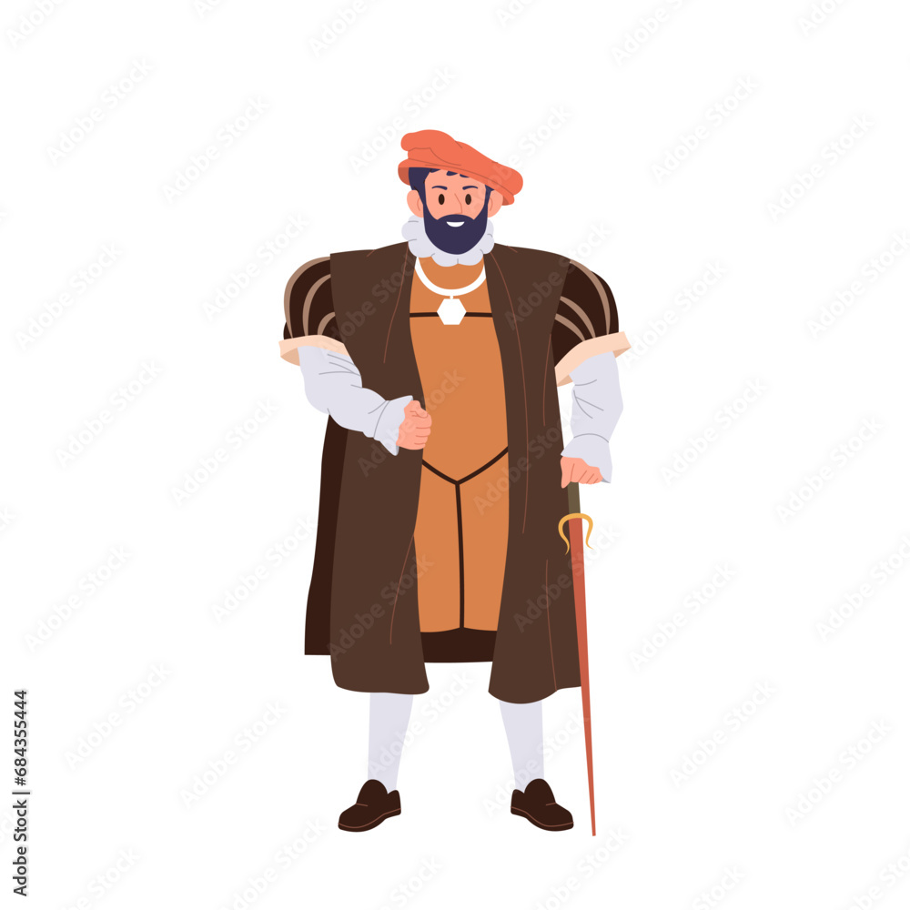 Isolated medieval ages feudal lord cartoon character wearing fashionable style traditional costume