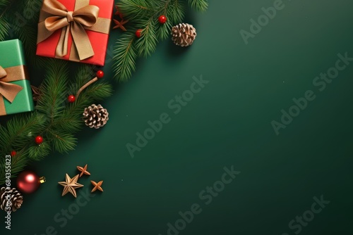 Christmas background with fir branches, gift boxes and decorations on green board
