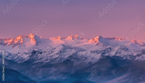 Generated IA.Illustration of a panoramic view of the snowy peaks during sunrise.
