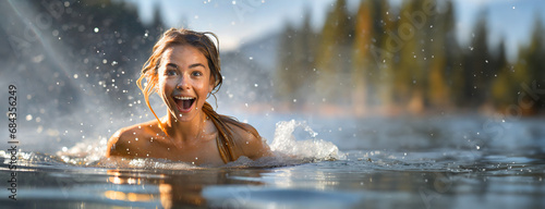 Young woman hardening the body, cold water therapy. Girl in bikini plunges into icy water in frozen lake ice hole. Boost the immune system and improve mental health. photo