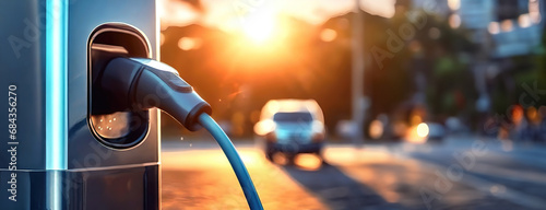 Charging station for electric car with vehicle waiting in line on blurred background. Panorama with copy space.