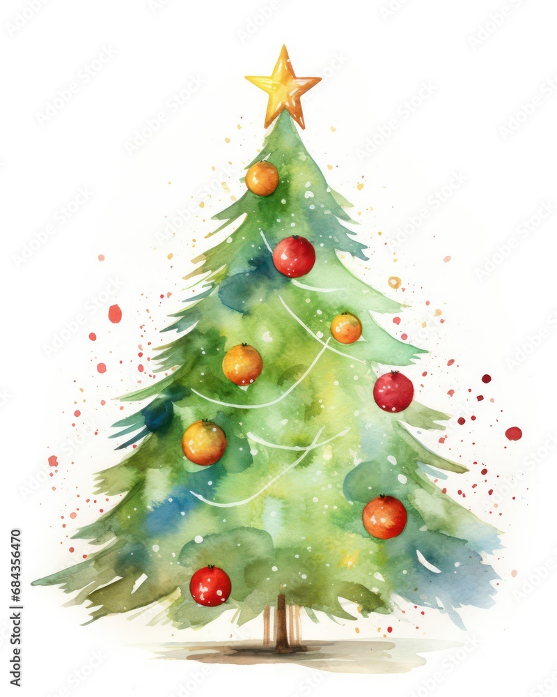 Watercolor painting of a festive Christmas tree on a white background