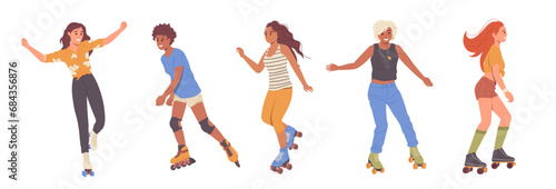 Different young active casual woman cartoon characters roller skating isolate on white background