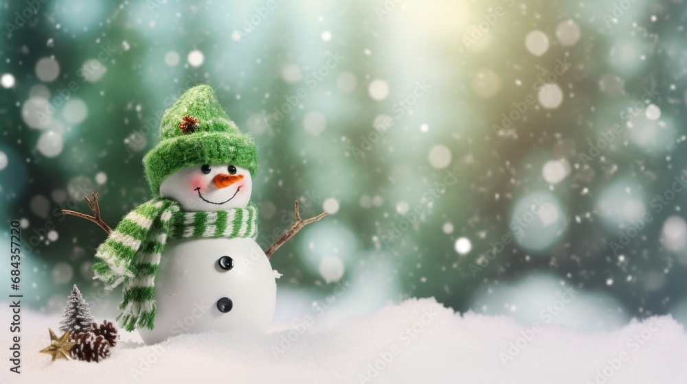 Snowman with Christmas tree and snowflakes on bokeh background Snowman with Christmas tree and snowflakes on bokeh background