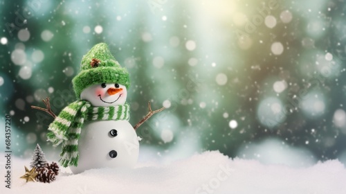 Snowman with Christmas tree and snowflakes on bokeh background