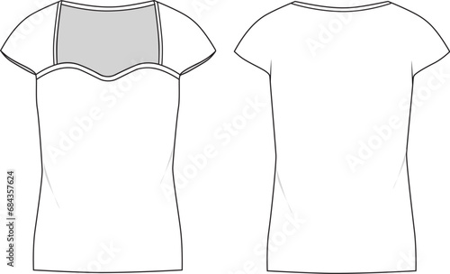 Women's Juliet Portrait Neck Knit Top. Technical fashion illustration. Front and back, white colour. Women's CAD mock-up.