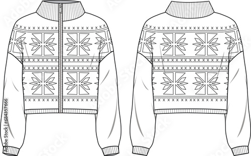 Unisex Zip Front Cardigan. Technical fashion cardigan illustration. Flat apparel cardigan template front and back, white colour. Unisex CAD mock-up.