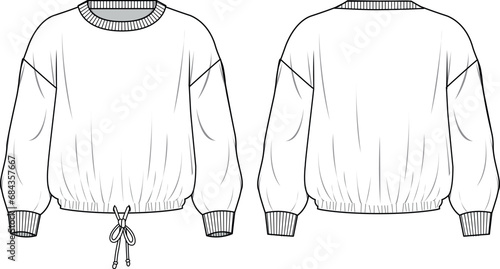 Women's Tie Detailed Jumper. Technical fashion illustration. Front and back, white colour. Unisex CAD mock-up.