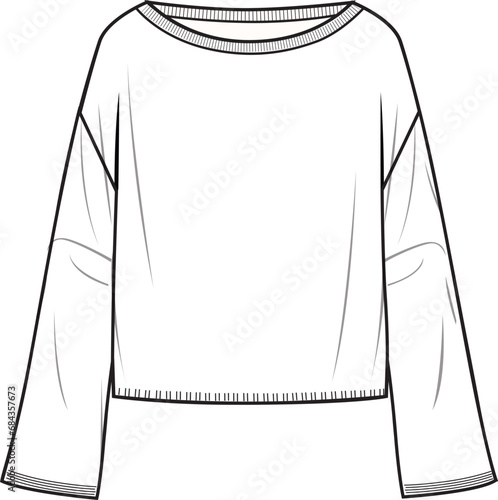 Women's Bell Sleeve Jumper. Technical fashion illustration. Front, white colour. Unisex CAD mock-up.