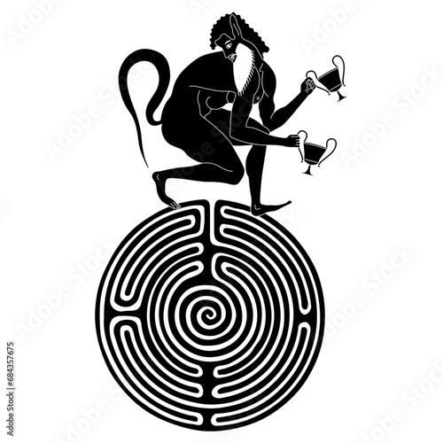 Ancient Greek satyr holding two cups of wine on top of a round spiral maze or labyrinth symbol. Vase painting style. Ethnic design. Black and white silhouette.