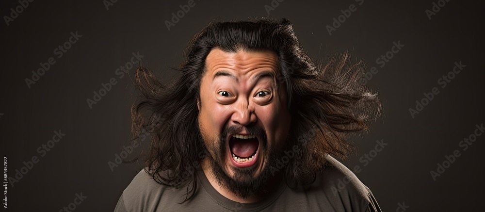 Asian man with beard and mustache making a funny guilty expression in a headshot.
