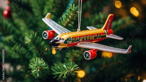 air plane ornament hanging on Christmas tree, holiday and long vacation travel and tourism concept, Generative Ai