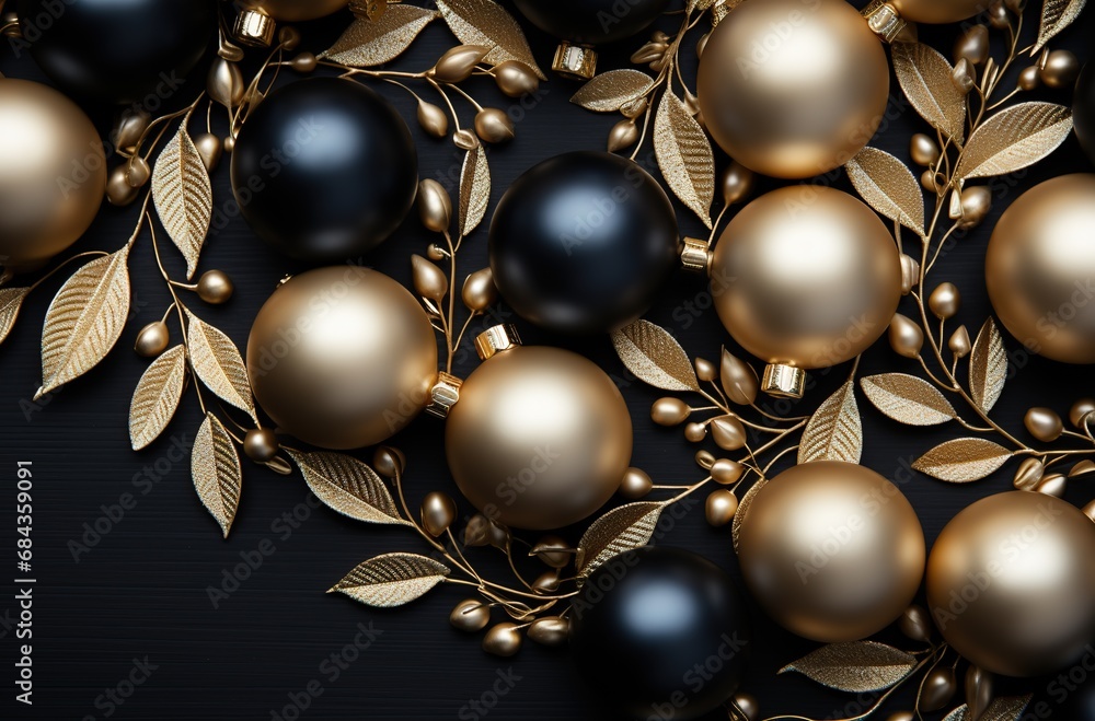 luxury gold and black Christmas bauble with gold olive branch, Christmas and new year background wallpaper, Generative Ai luxury gold and black Christmas bauble with gold olive branch, Christmas and new year background wallpaper, Generative Ai